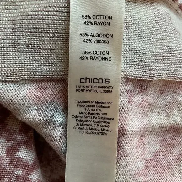 Chico's Pullover 3/4 Sleeve Keyhole Neckline Muted Rose Watercolor Top 1 - Picture 5 of 7